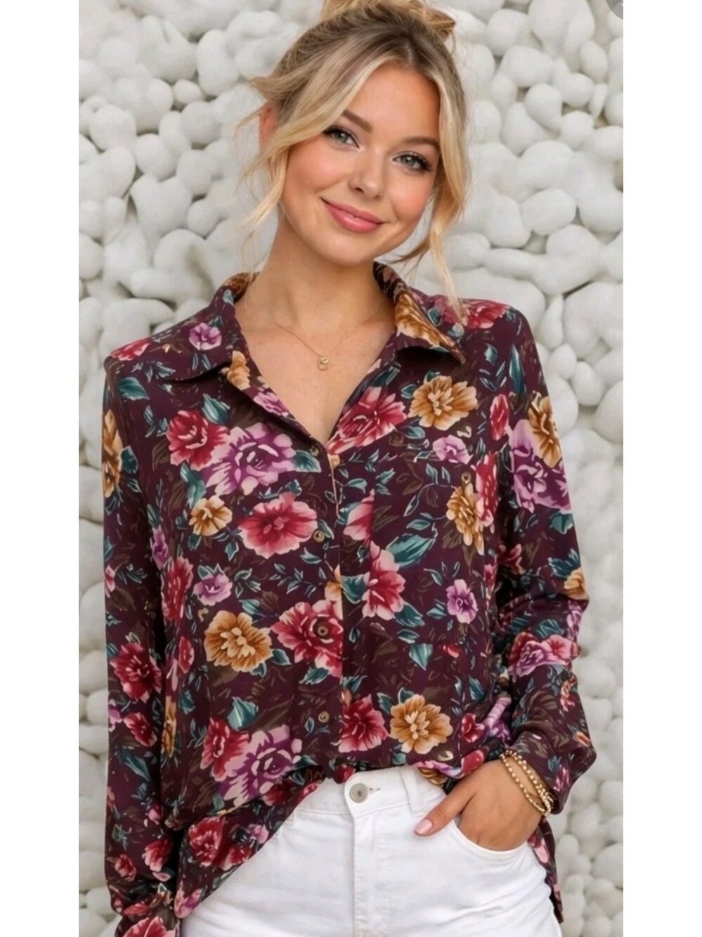 Liz wear Floral Rayon Long Sleeve Maroon Chest Pocket Button Blouse Size Medium
